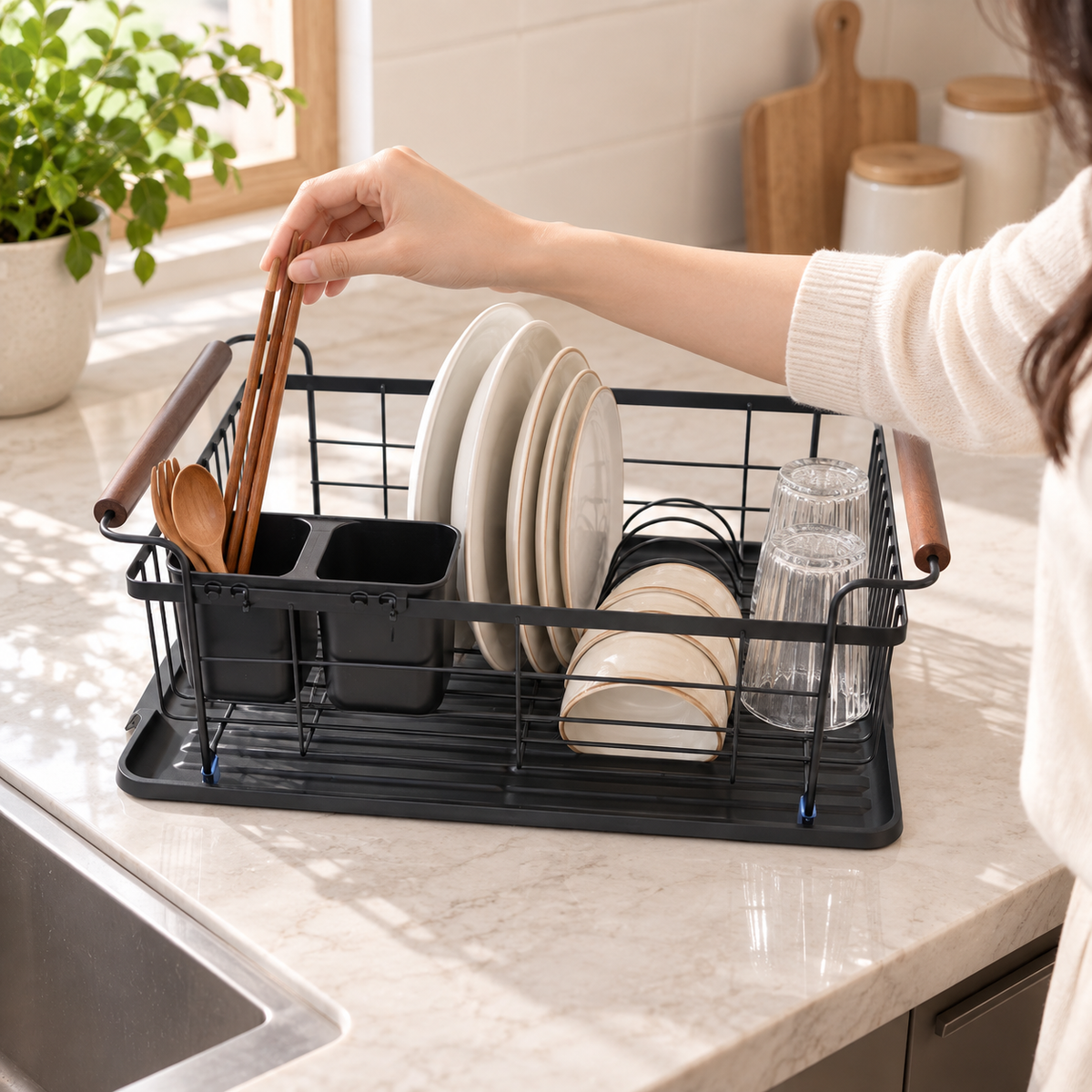 Acacia Wood & Metal Dish Drying Rack