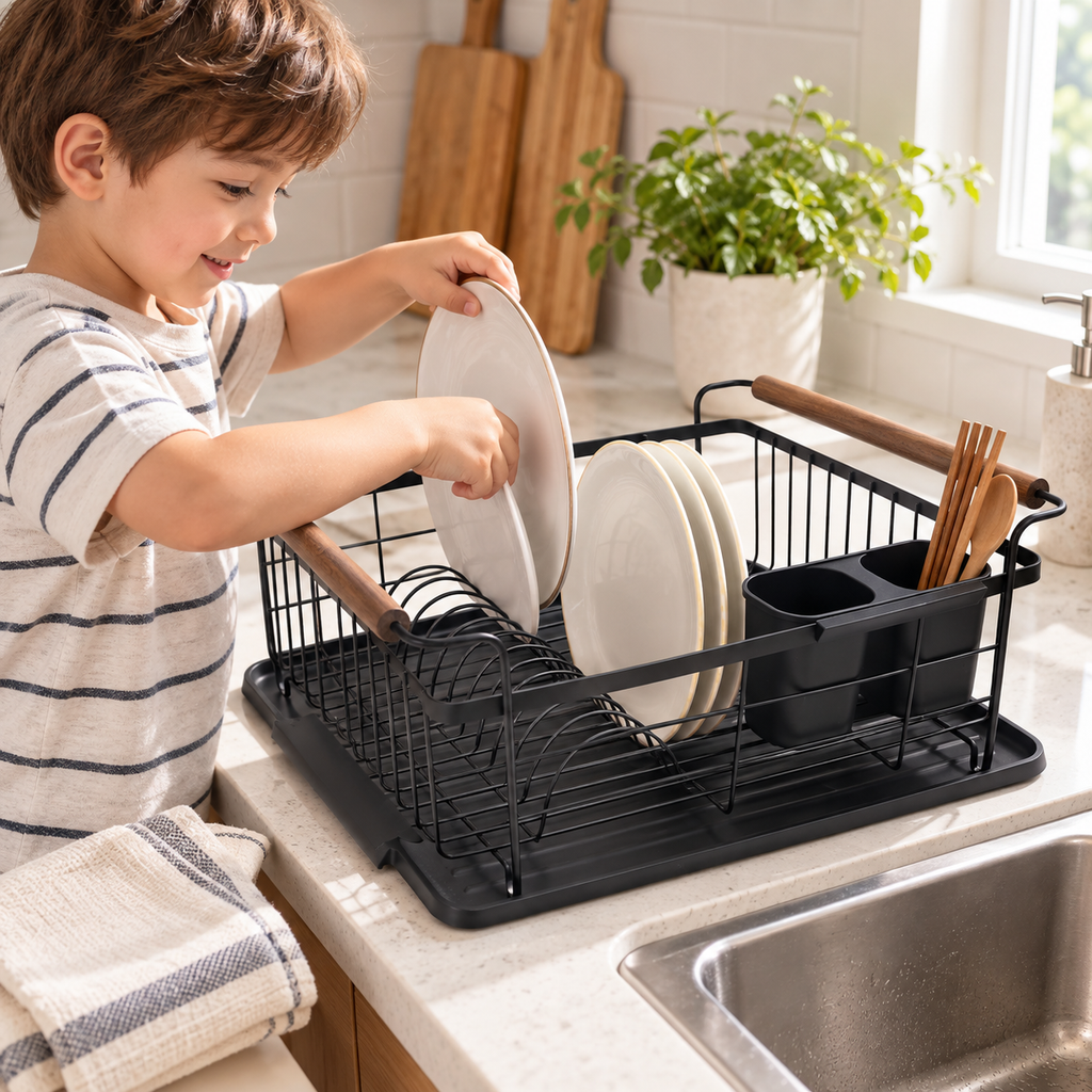 Acacia Wood & Metal Dish Drying Rack