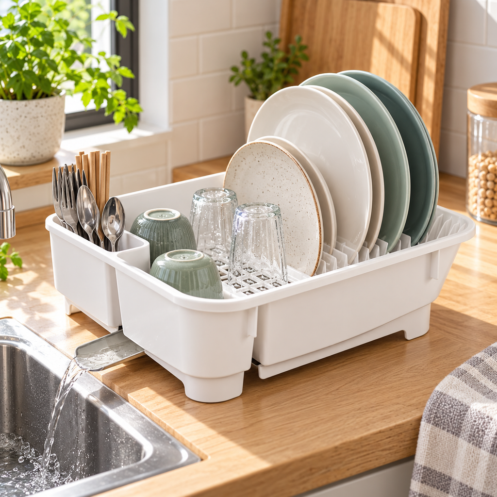 Self-Draining Dish Rack with Retractable Spout